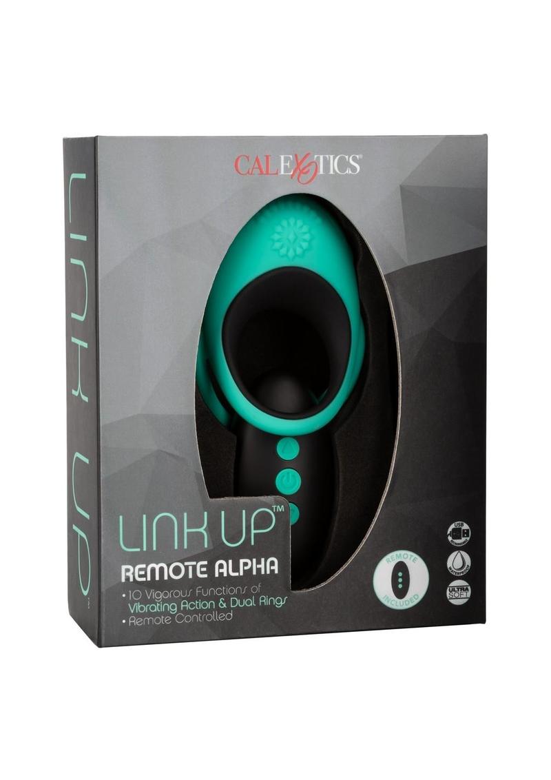 Link Up Remote Alpha Rechargeable Silicone Dual Stimulating Cock Ring with Remote Control - Black/Green