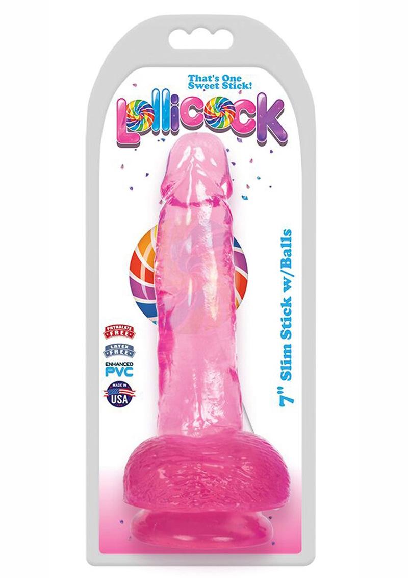 Lollicock Slim Stick Dildo with Balls - Cherry Ice/Red - 7in