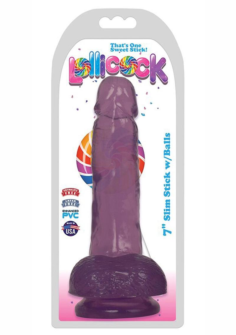 Lollicock Slim Stick Dildo with Balls - Grape Ice/Purple - 7in