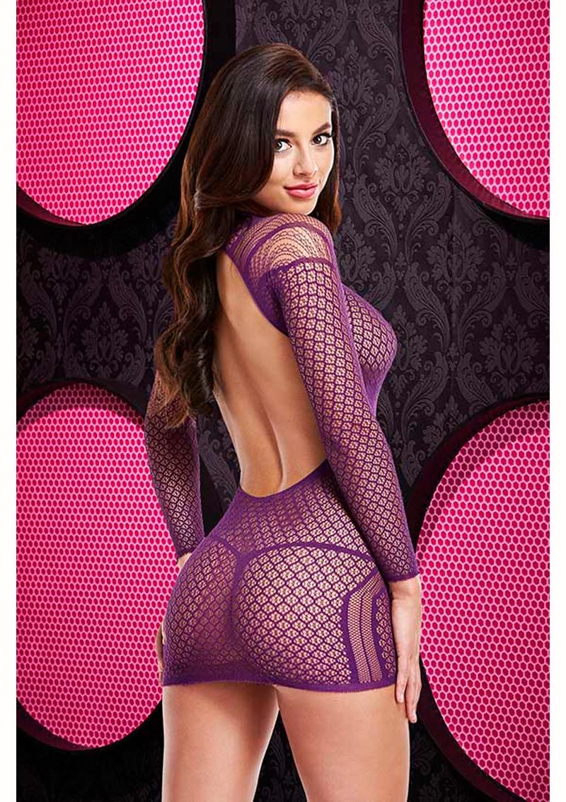 Long Sleeve Open Back Mini Dress - Purple - One Size