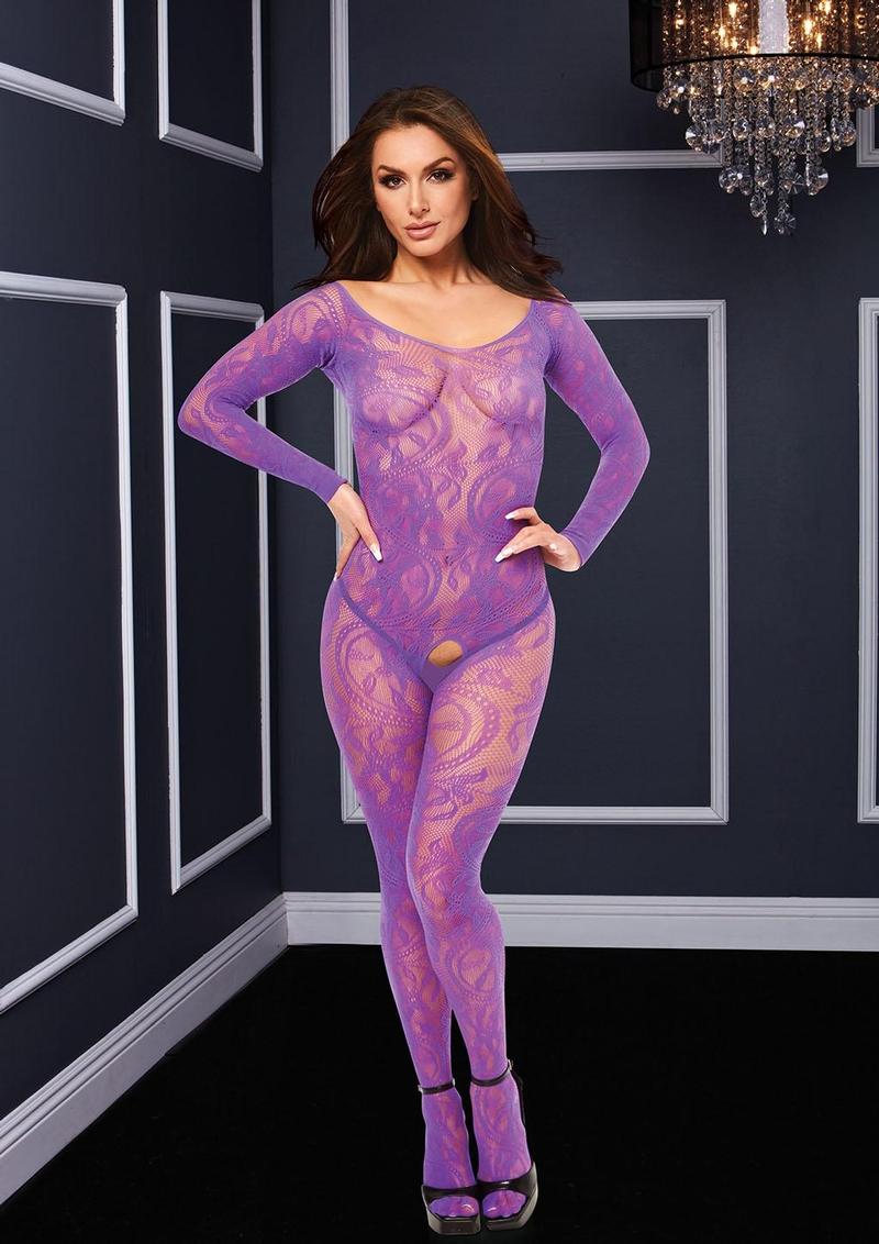 Longsleeve Crotchless Bodystocking - Purple - One Size