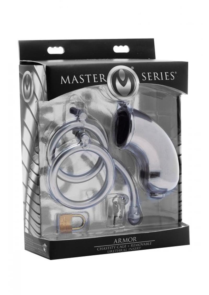 Master Series Armor Chastity Cage with Removable Urethral Insert - Silver