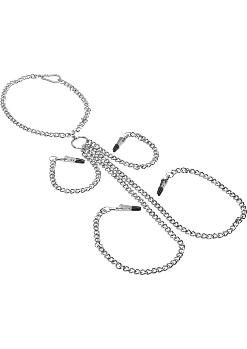 Master Series Collar Nipple and Clit Clamp - Black/Metal/Silver - Set