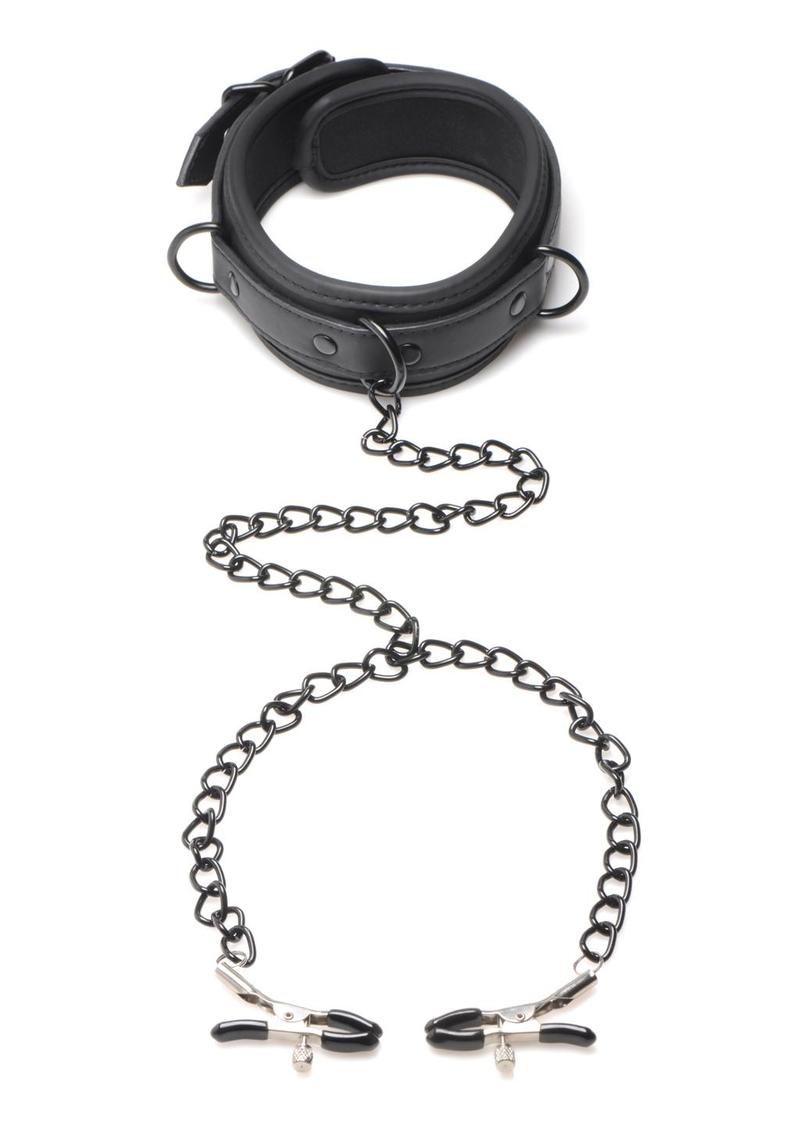 Master Series Collared Temptress Collar with Nipple Clamps - Black