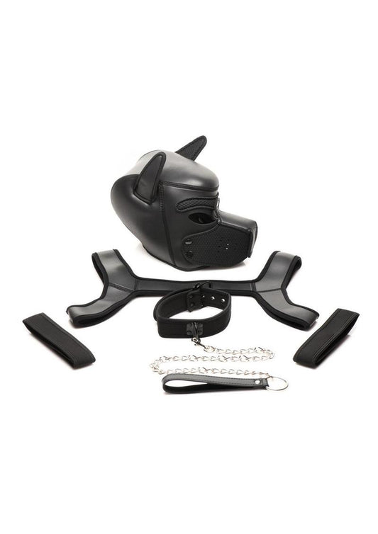Master Series Full Pup Arsenal Set Neoprene Puppy Hood, Chest Harness, Collar with Leash and Arm Bands - Black