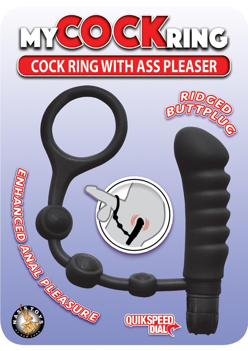 My Cock Ring Silicone Cock Ring with Vibrating Ass Pleaser Butt Plug - Black