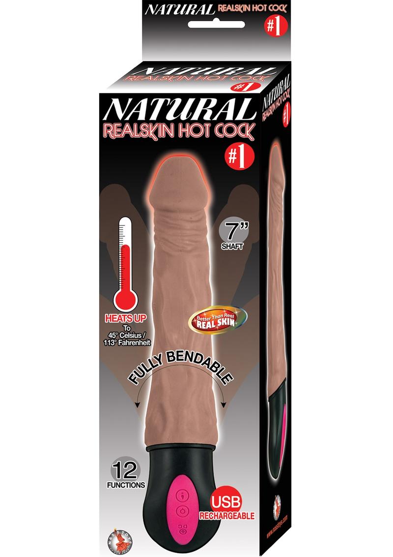 Natural Realskin Hot Cock 1 Rechargeable Warming Dildo - Chocolate - 7in