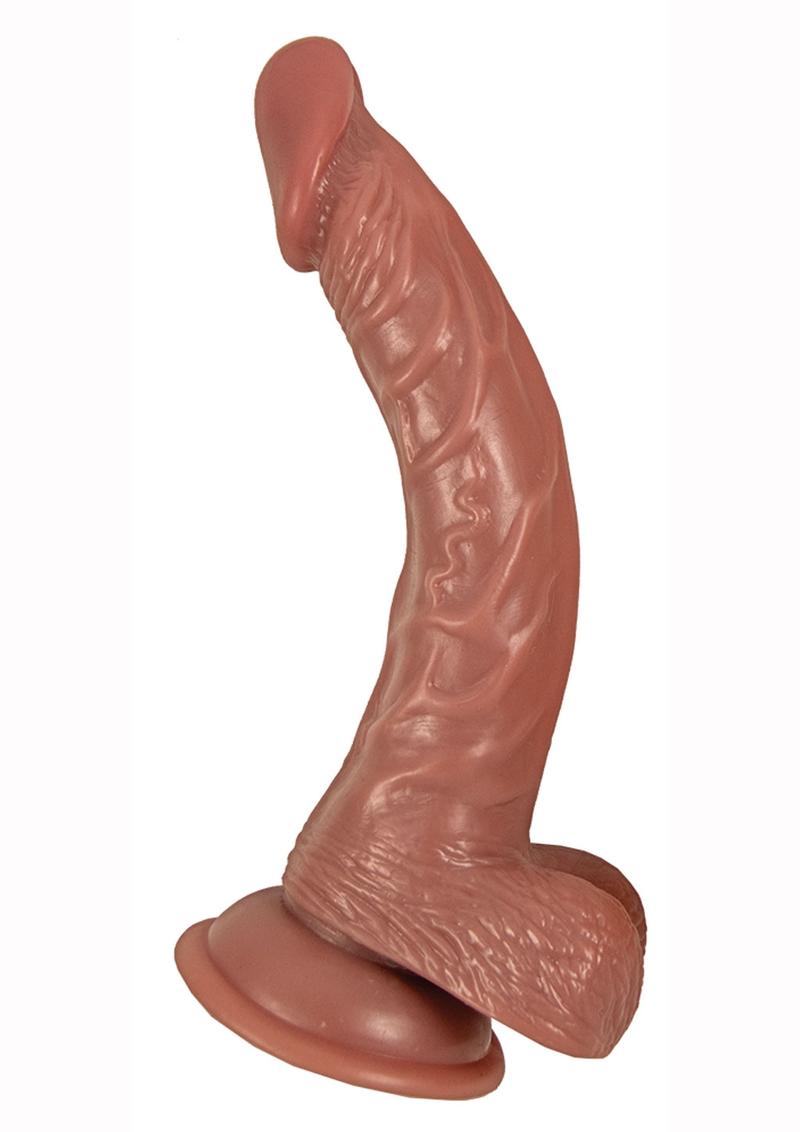 Natural Realskin Hot Cock Curved Warming Rechargeable Dildo - Chocolate - 8in