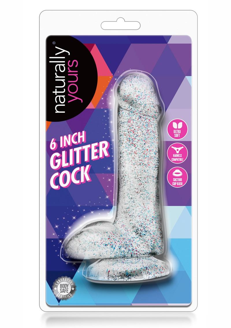 Naturally Yours Glitter Dildo with Balls - Clear - 6in