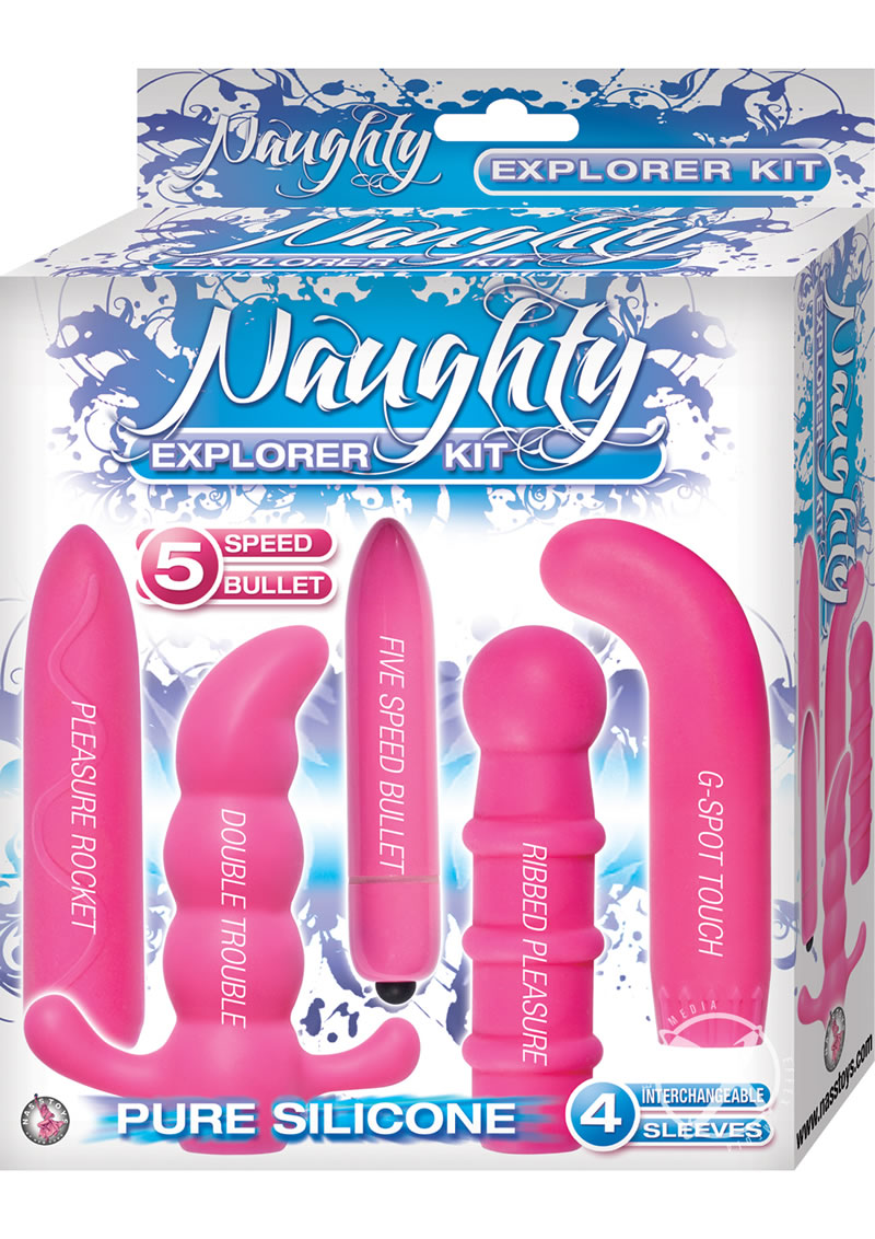 Naughty Explorer Silicone Vibrator Kit with Sleeves - Pink