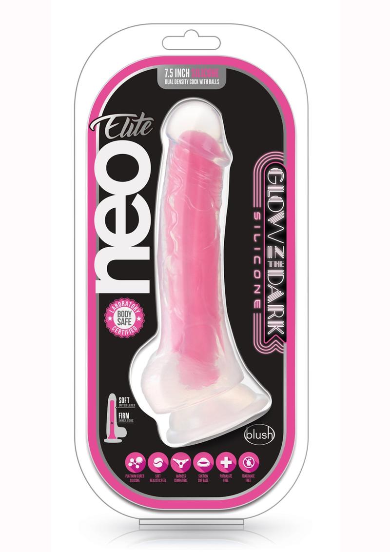 Neo Elite Glow In The Dark Dildo with Balls - Glow In The Dark/Pink - 7.5in