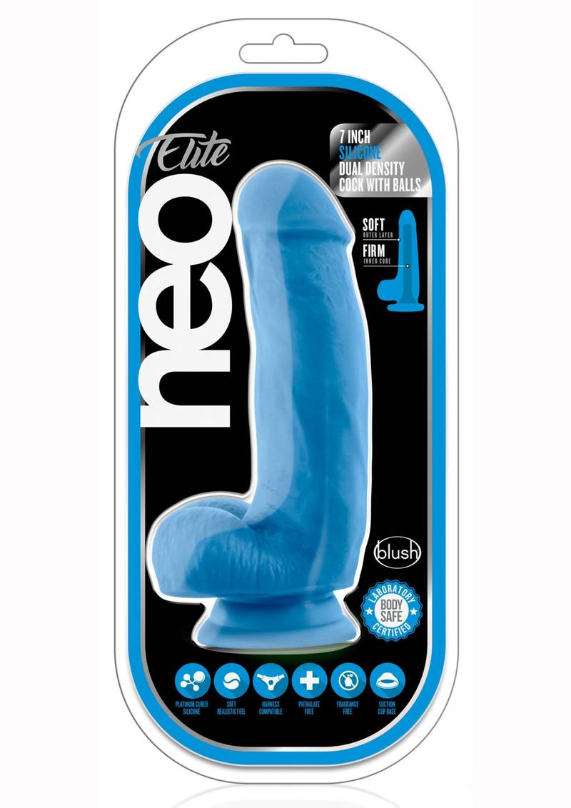 Neo Elite Silicone Dual Density Cock with Balls - Blue/Neon Blue - 7.5in