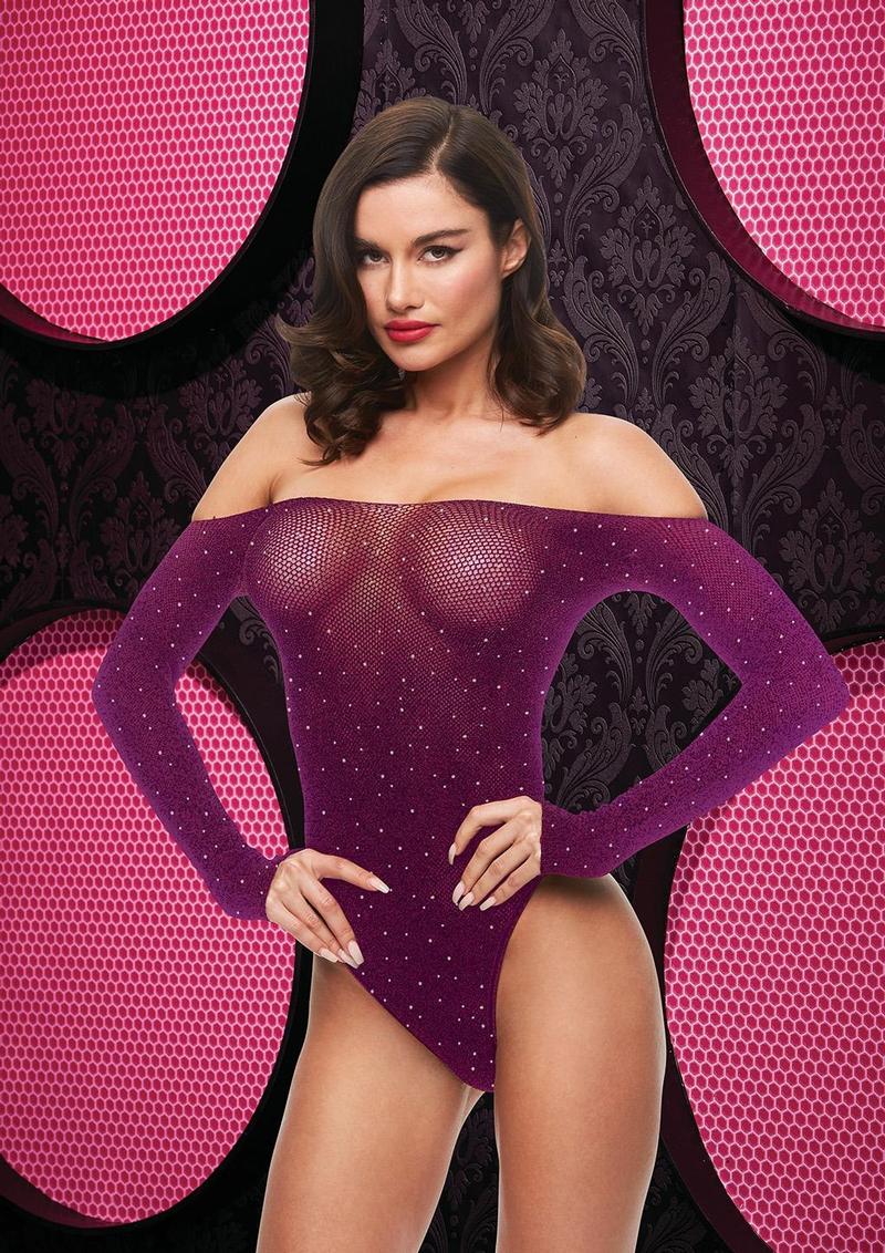 Off The Shoulder Sparkle Teddy - Diamond/Purple - One Size