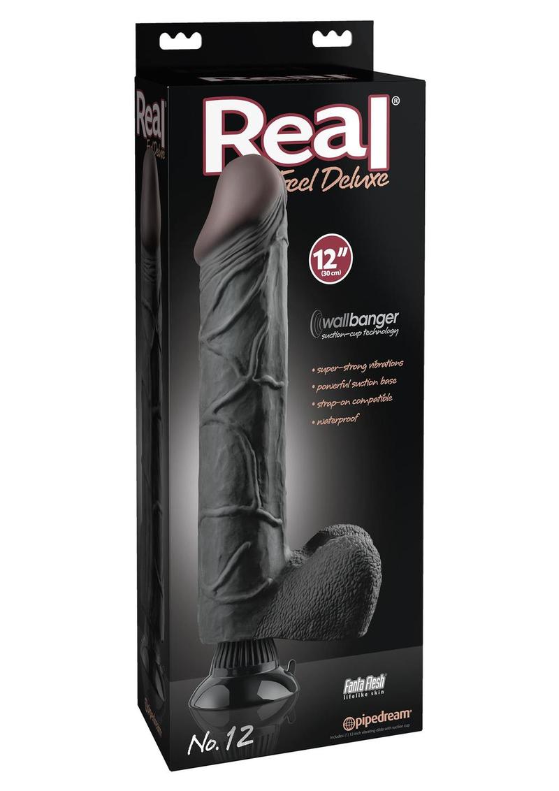 Real Feel Deluxe No. 12 Wallbanger Vibrating Dildo with Balls Waterproof - Black - 12in