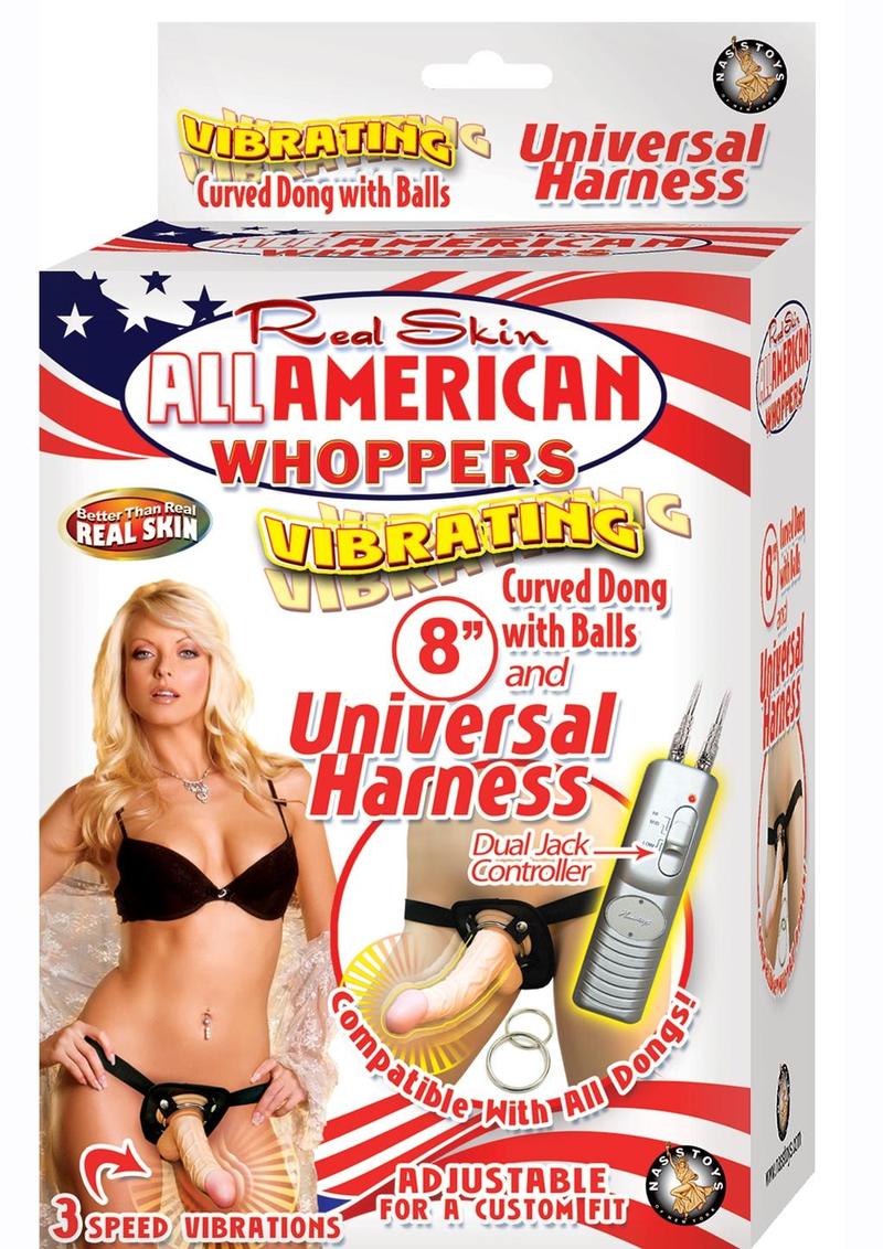 Real Skin All American Whoppers Vibrating Dildo with Universal Harness - Black/Vanilla - 8in