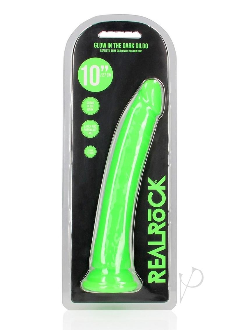 Realrock Slim Glow In The Dark Dildo with Suction Cup - Glow In The Dark/Green - 10in