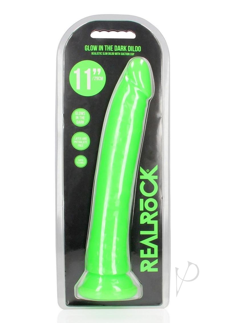 Realrock Slim Glow In The Dark Dildo with Suction Cup - Glow In The Dark/Green - 11in