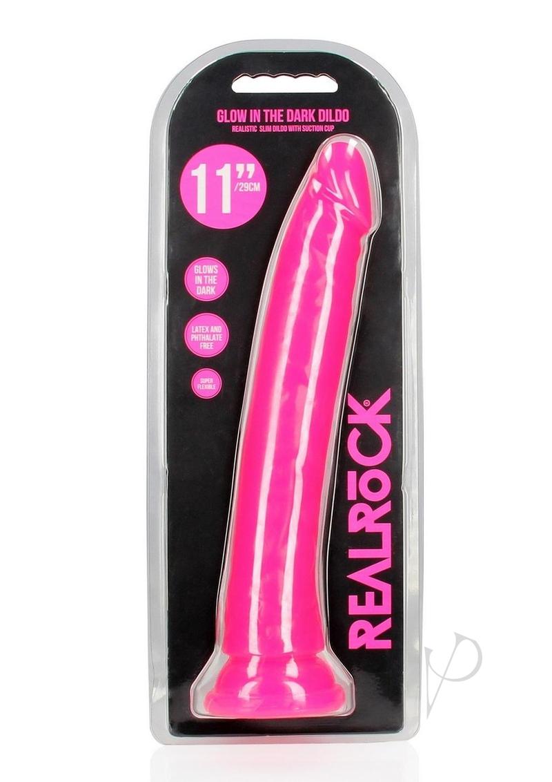 Realrock Slim Glow In The Dark Dildo with Suction Cup - Glow In The Dark/Pink - 11in
