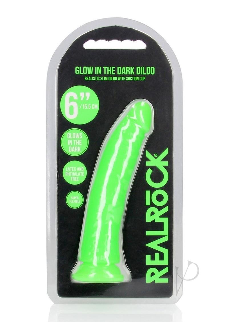 Realrock Slim Glow In The Dark Dildo with Suction Cup - Glow In The Dark/Green - 6in