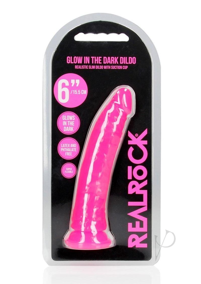 Realrock Slim Glow In The Dark Dildo with Suction Cup - Glow In The Dark/Pink - 6in