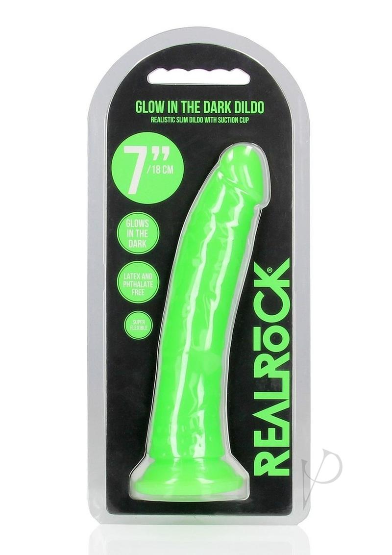 Realrock Slim Glow In The Dark Dildo with Suction Cup - Glow In The Dark/Green - 7in