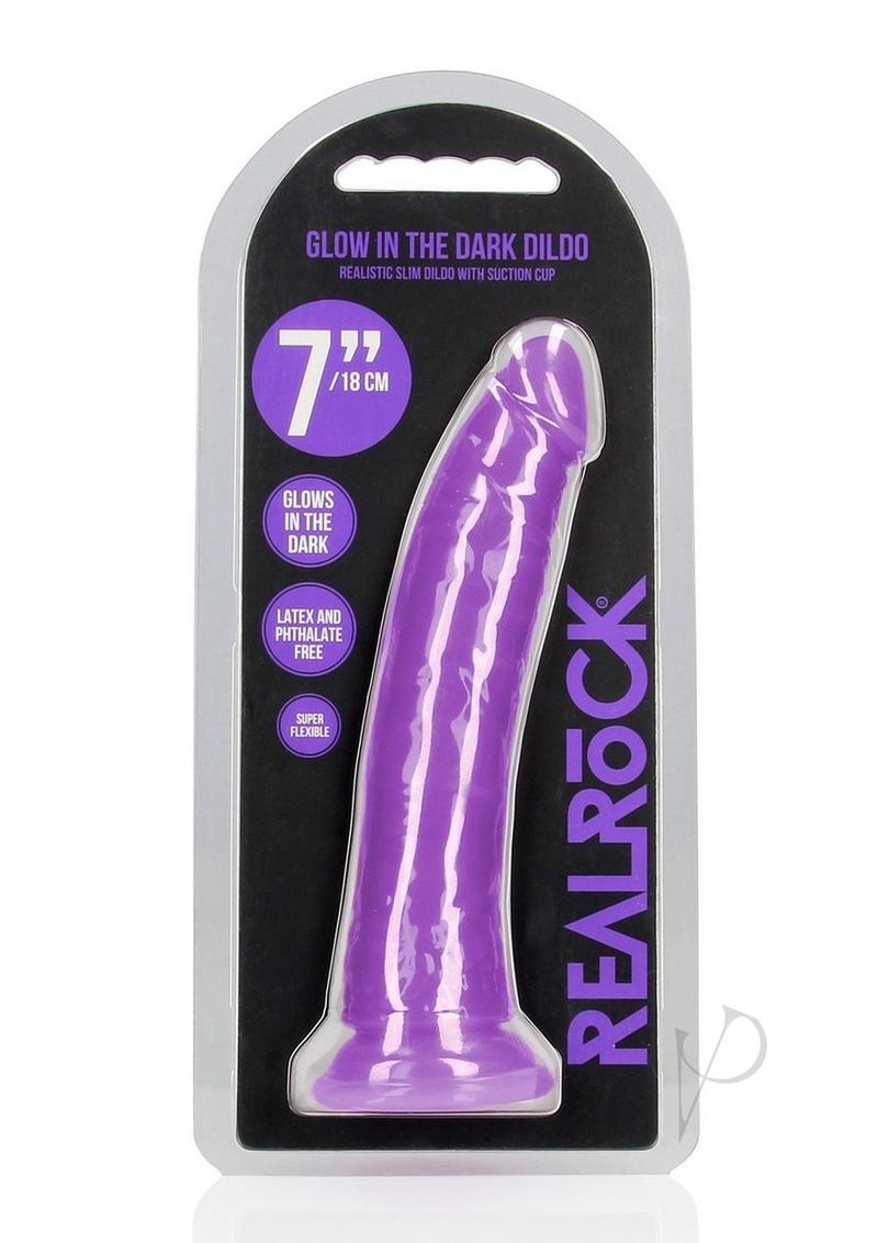 Realrock Slim Glow In The Dark Dildo with Suction Cup - Glow In The Dark/Purple - 7in