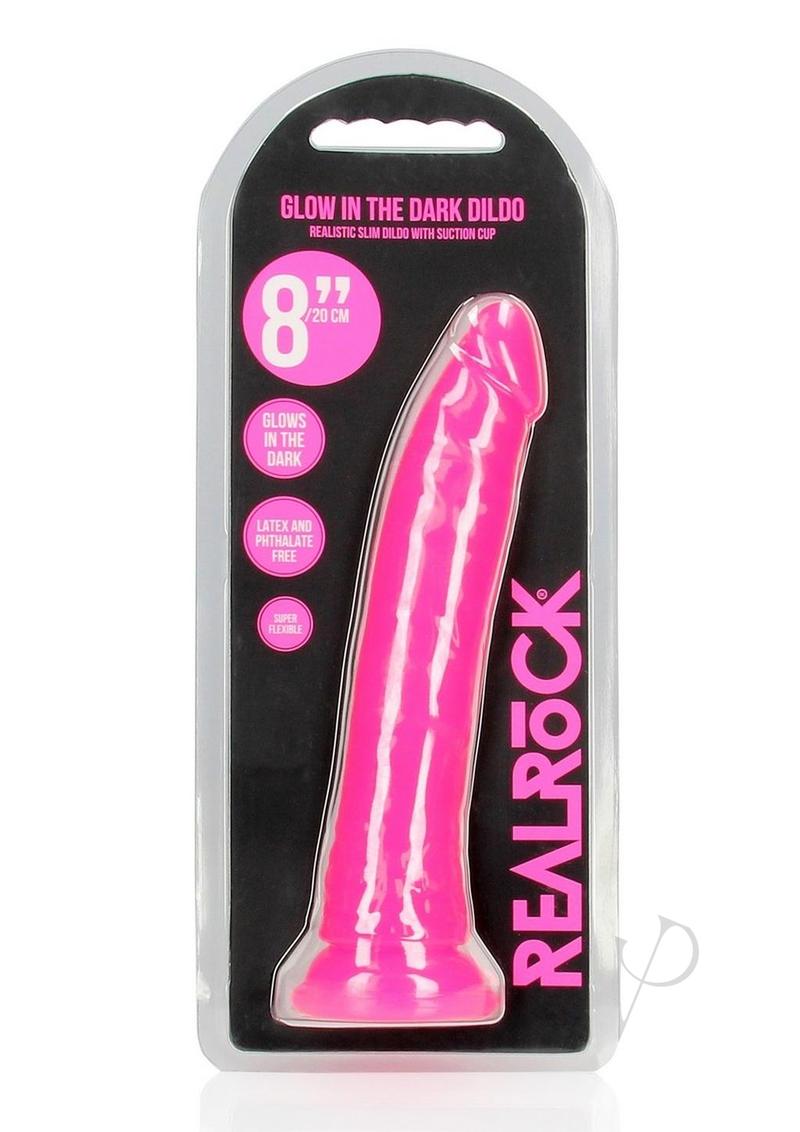 Realrock Slim Glow In The Dark Dildo with Suction Cup - Glow In The Dark/Pink - 8in