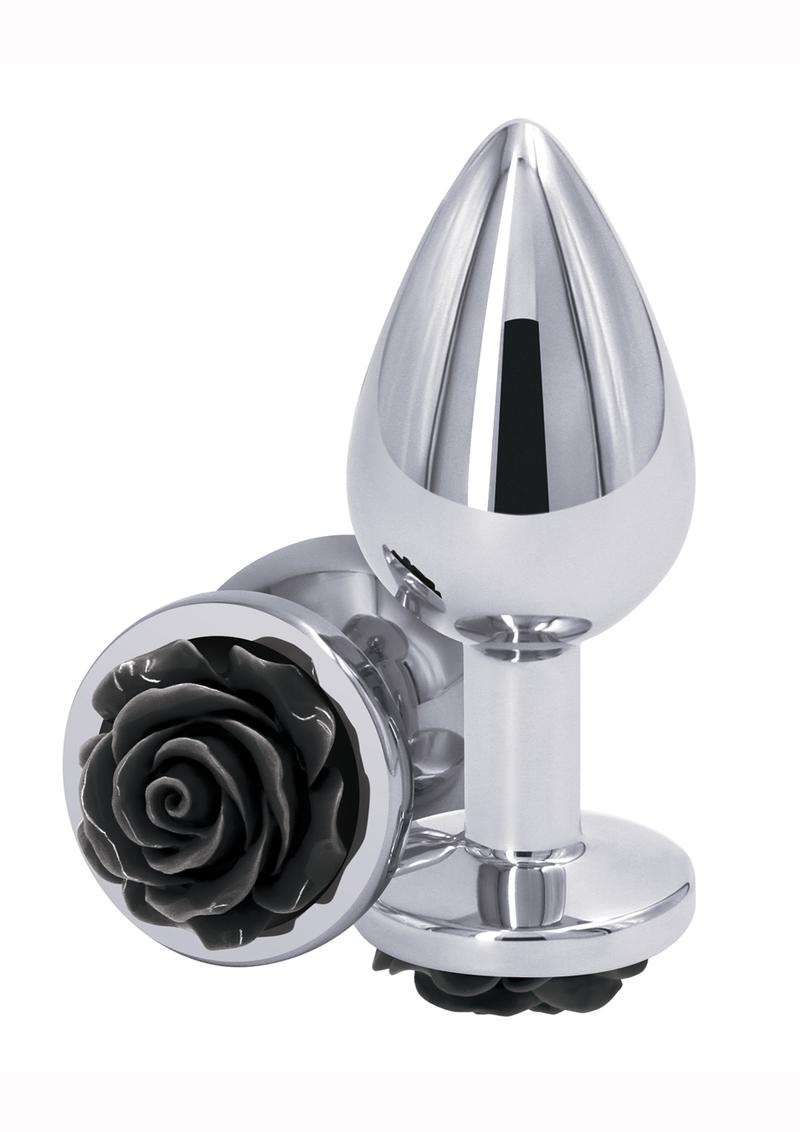 Rear Assets Rose Aluminum Anal Plug - Black/Metal/Silver - Medium