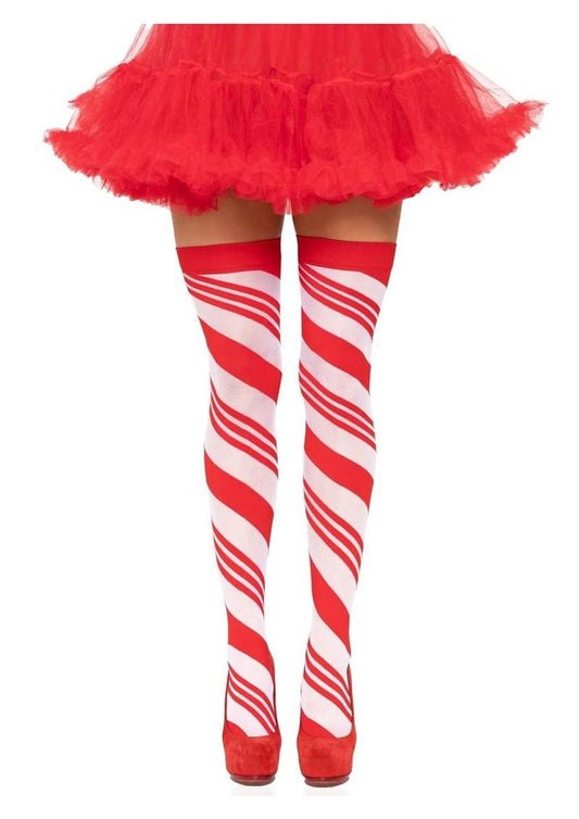 Spandex Sheer Candy Cane Striped Thigh Highs - Red/White - One Size