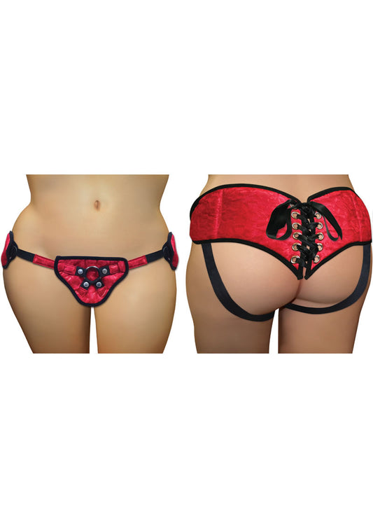Sportsheet Curvy Collection Sunset Lace Corsette Adjustable Strap-On - Red - Plus Size/Queen