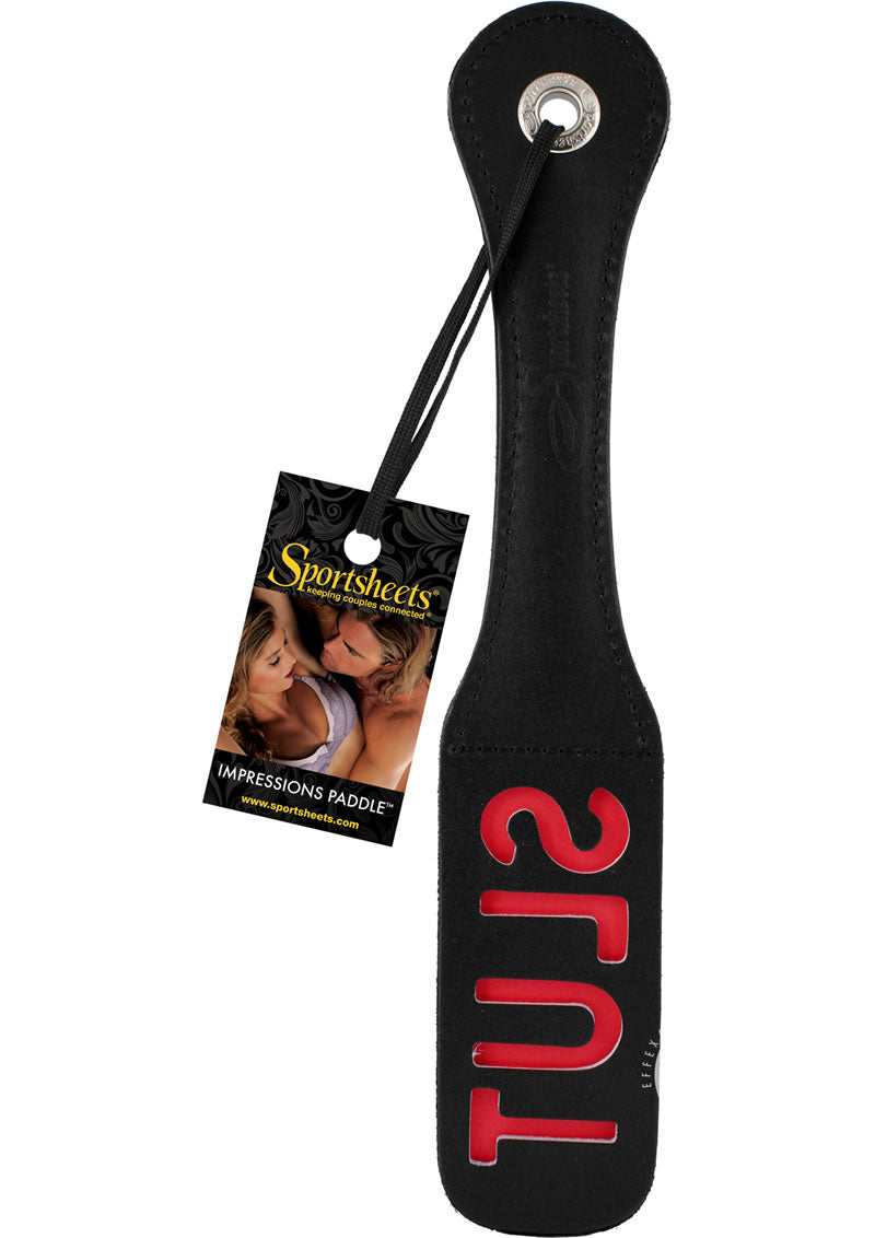 Sportsheets Leather Slut Impression Paddle - Black - 12in