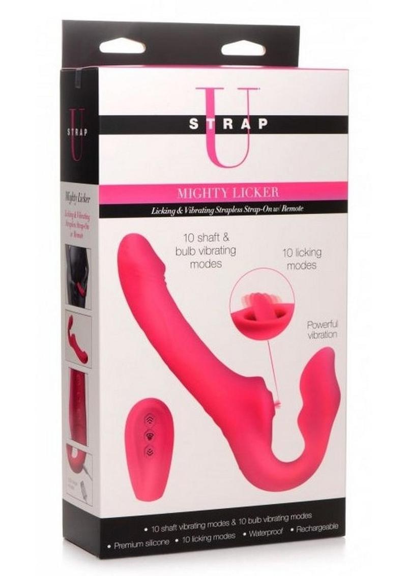 Strap U Licking Vibrating Rechargeable Silicone Strapless Strap-On with Remote Control - Pink