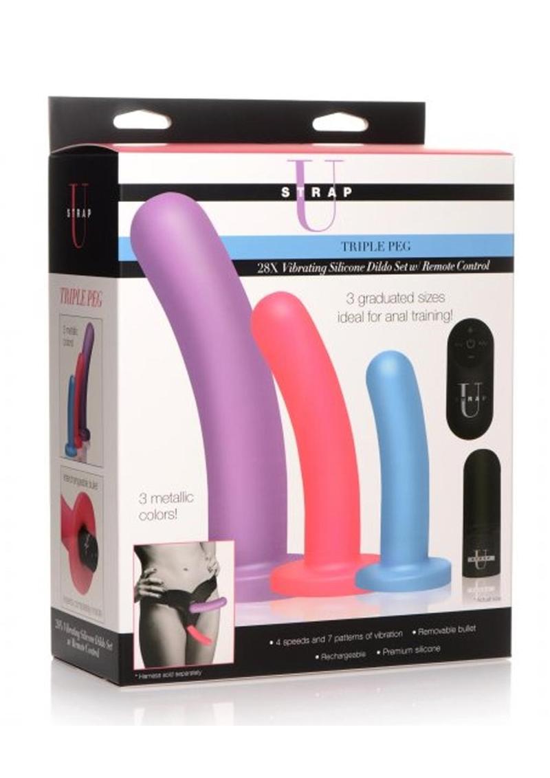 Strap U Triple Peg 28x Vibrating Rechargeable Silicone Dildo Set with Remote Control - Assorted Colors - 5 Piece