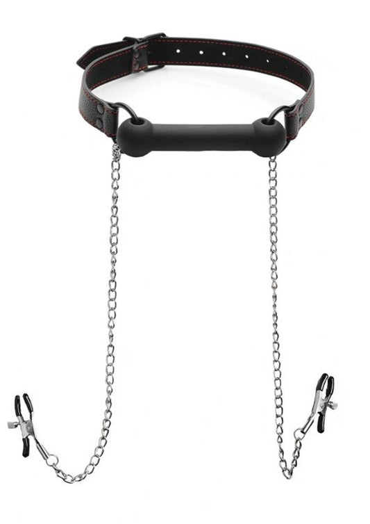 Strict Black Silicone Bit Gag with Nipple Clamps - Black/Metal