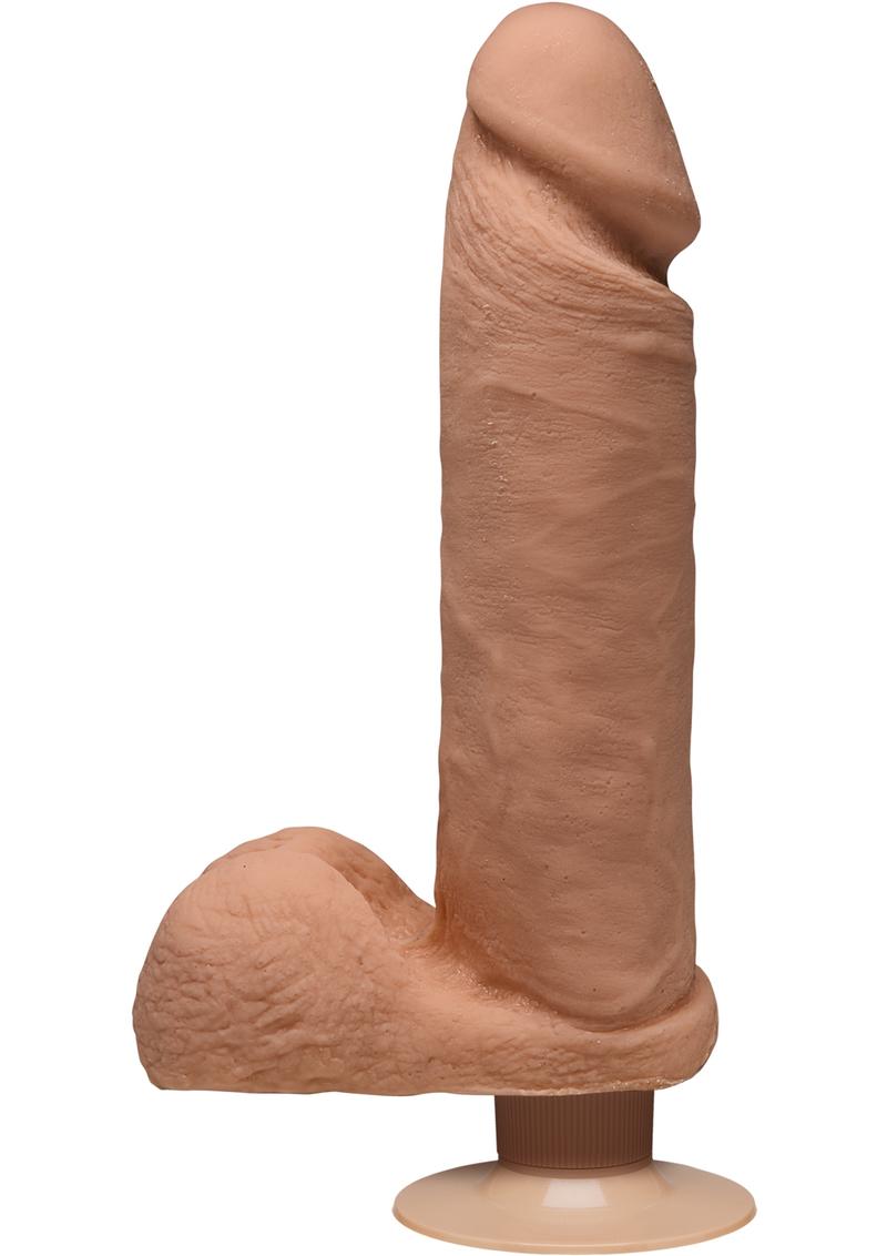 The D Perfect D Ultraskyn Vibrating Dildo with Balls - Caramel - 8in