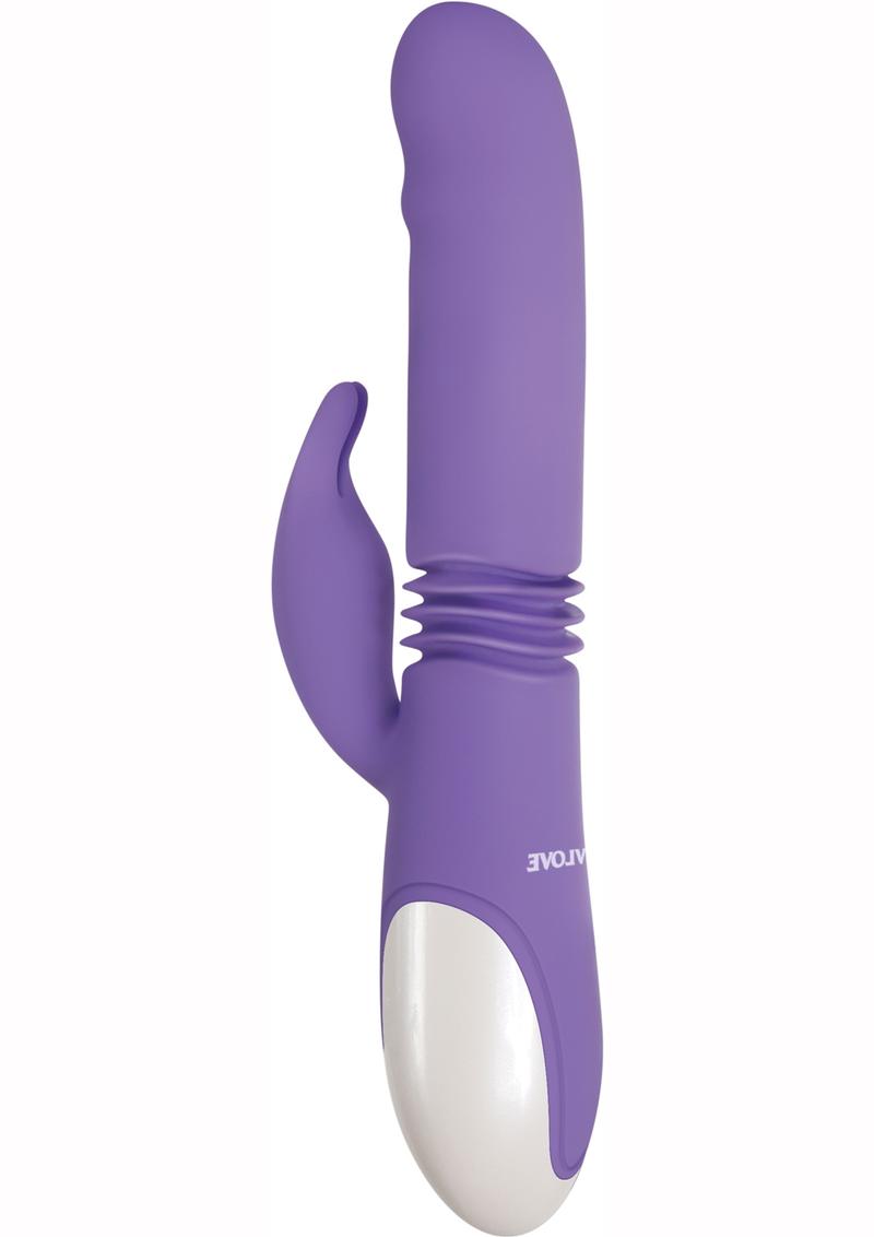 Thick and Thrust Bunny Rechargeable Silicone Rabbit Vibrator with Length Thrusting and Girth Expanding Action - Lavender/Purple