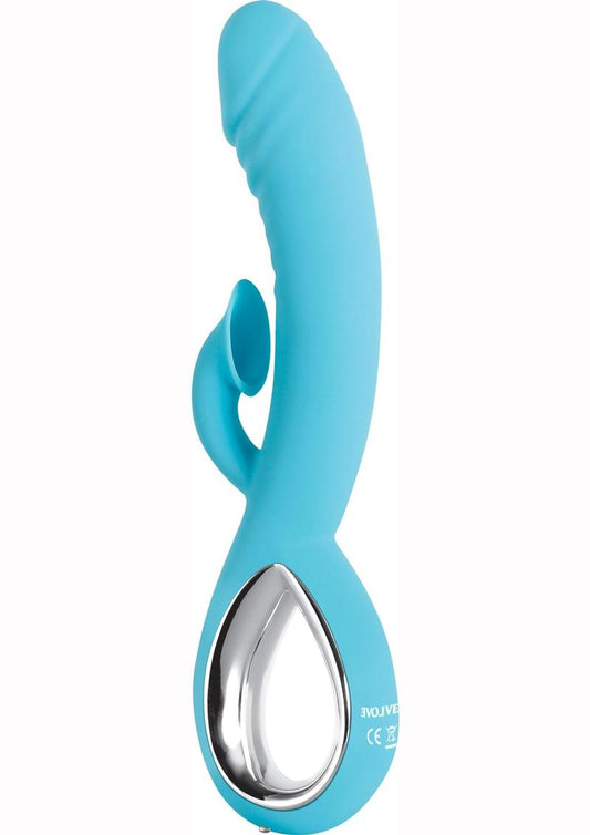 Triple Infinity Rechargeable Silicone Heated Dual Vibrator with Clitoral Suction Stimulator - Aqua/Teal