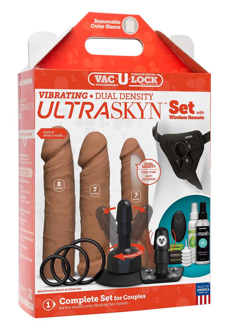 Vac-U-Lock Vibrating Dual Density Ultraskyn Set with Remote Control - Brown/Caramel