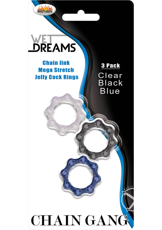 Wet Dreams Chain Gang Cock Rings - Assorted Colors/Black/Blue/Clear - 3 Each Per Pack