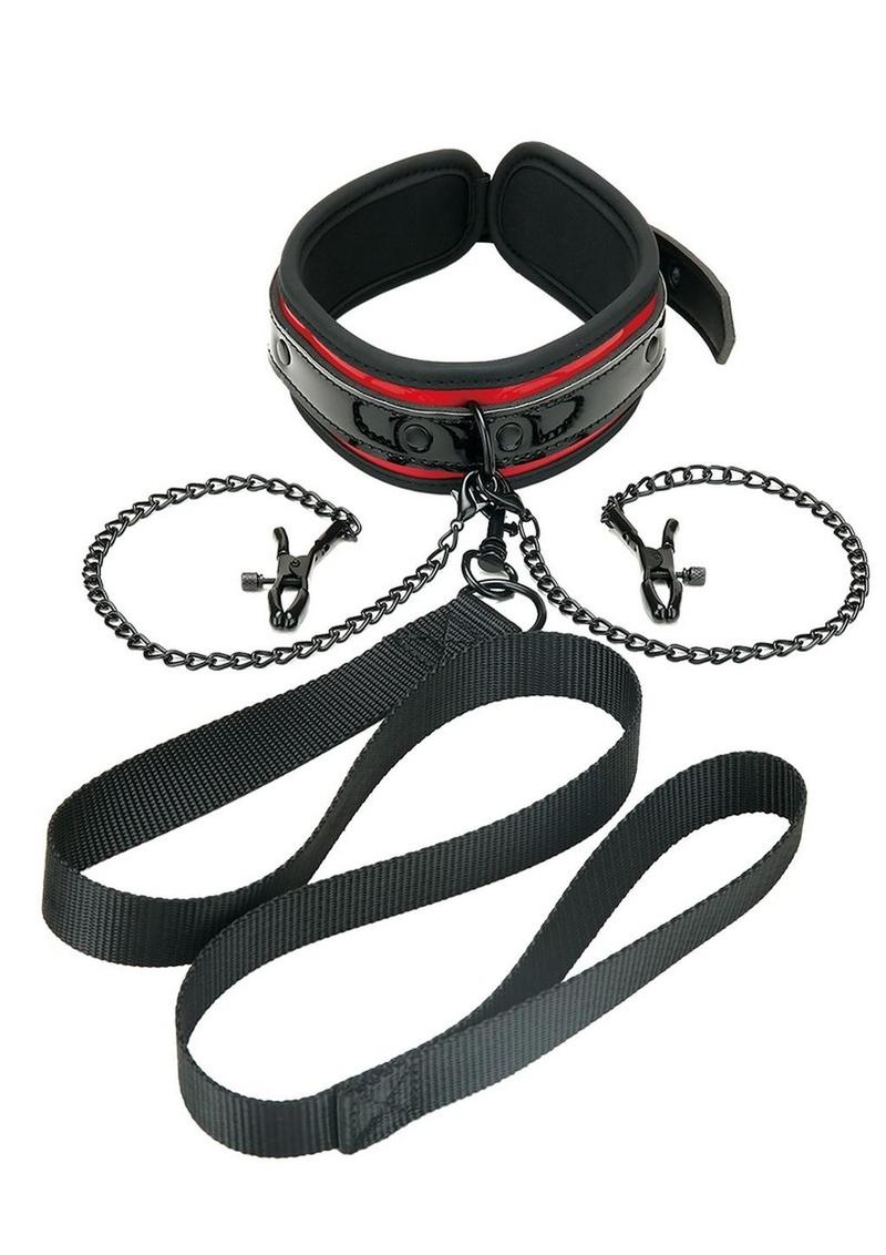 WhipSmart Heartbreakers Deluxe Collar, Nipple Clips, Leash - Black/Red - Set