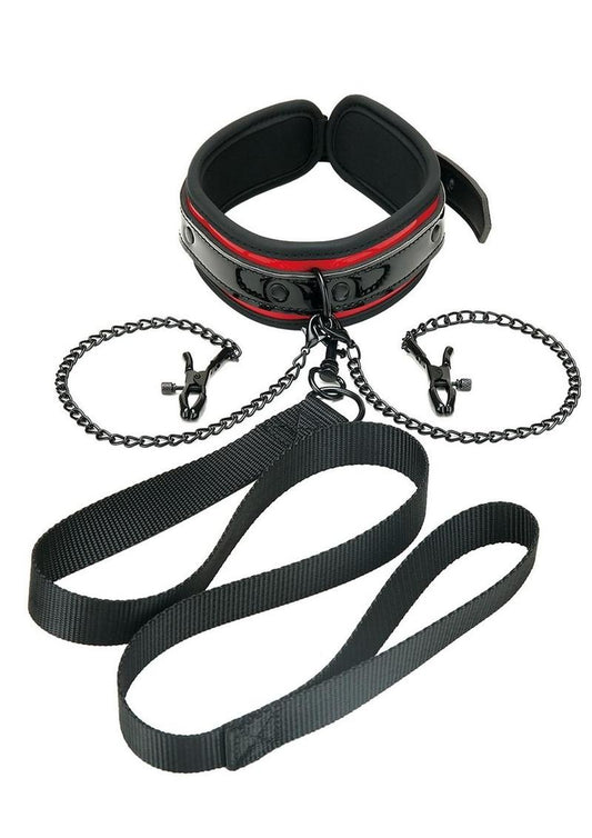 WhipSmart Heartbreakers Deluxe Collar, Nipple Clips, Leash - Black/Red - Set