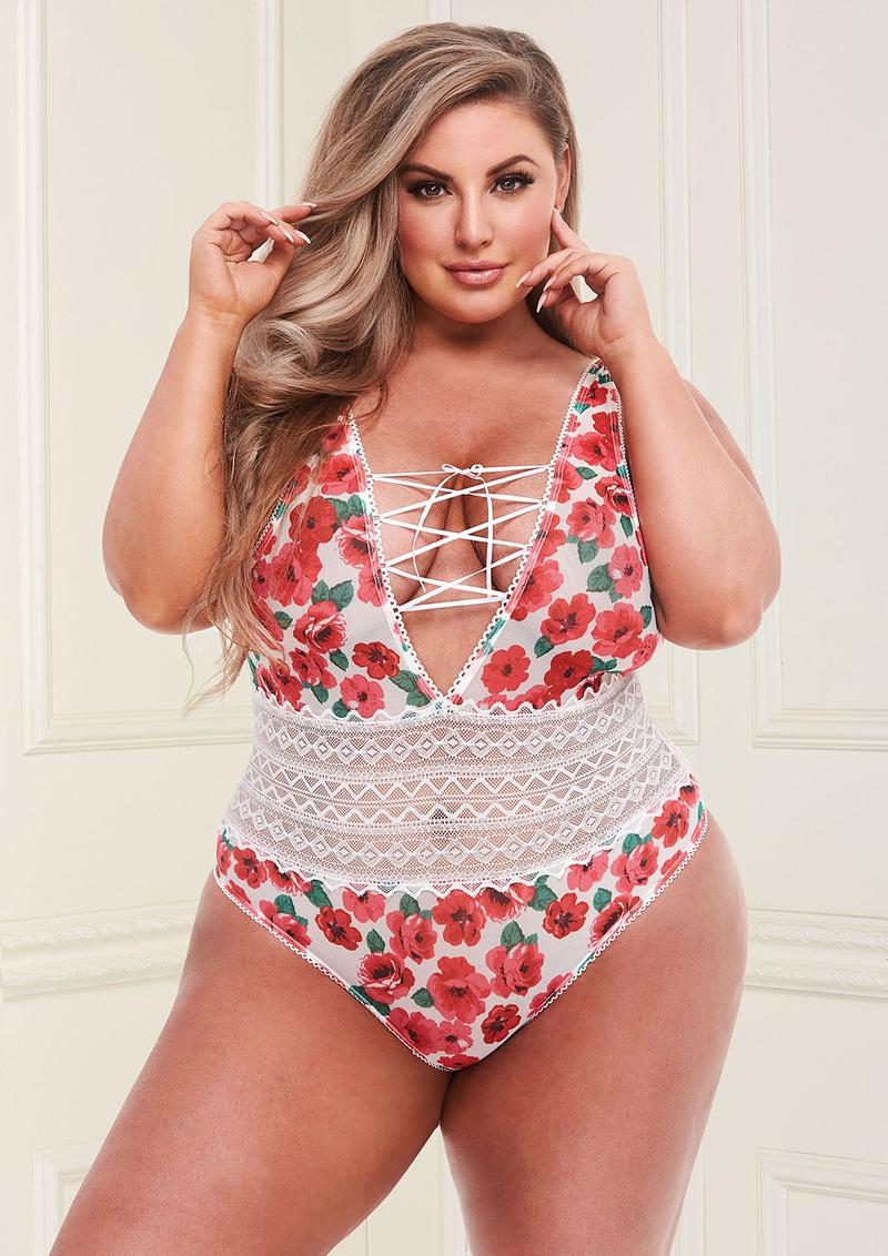 White Floral and Lace Teddy - White - Queen